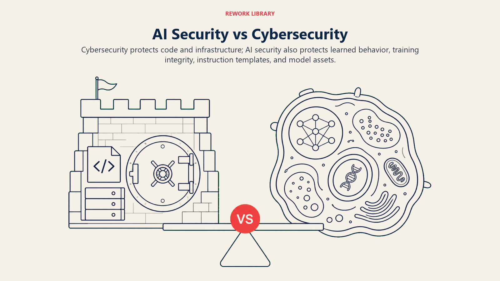 AI Security vs Cybersecurity illustrated by a wide split defense field compares a conventional code vault on the left with a model-and-data organism on the right, separated by a coral versus fulcrum.