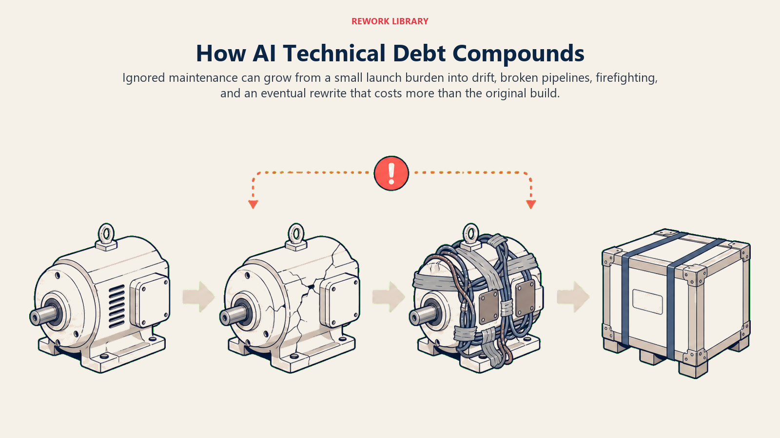 How AI Technical Debt Compounds illustrated with four-stage deterioration sequence from clean model to total rebuild