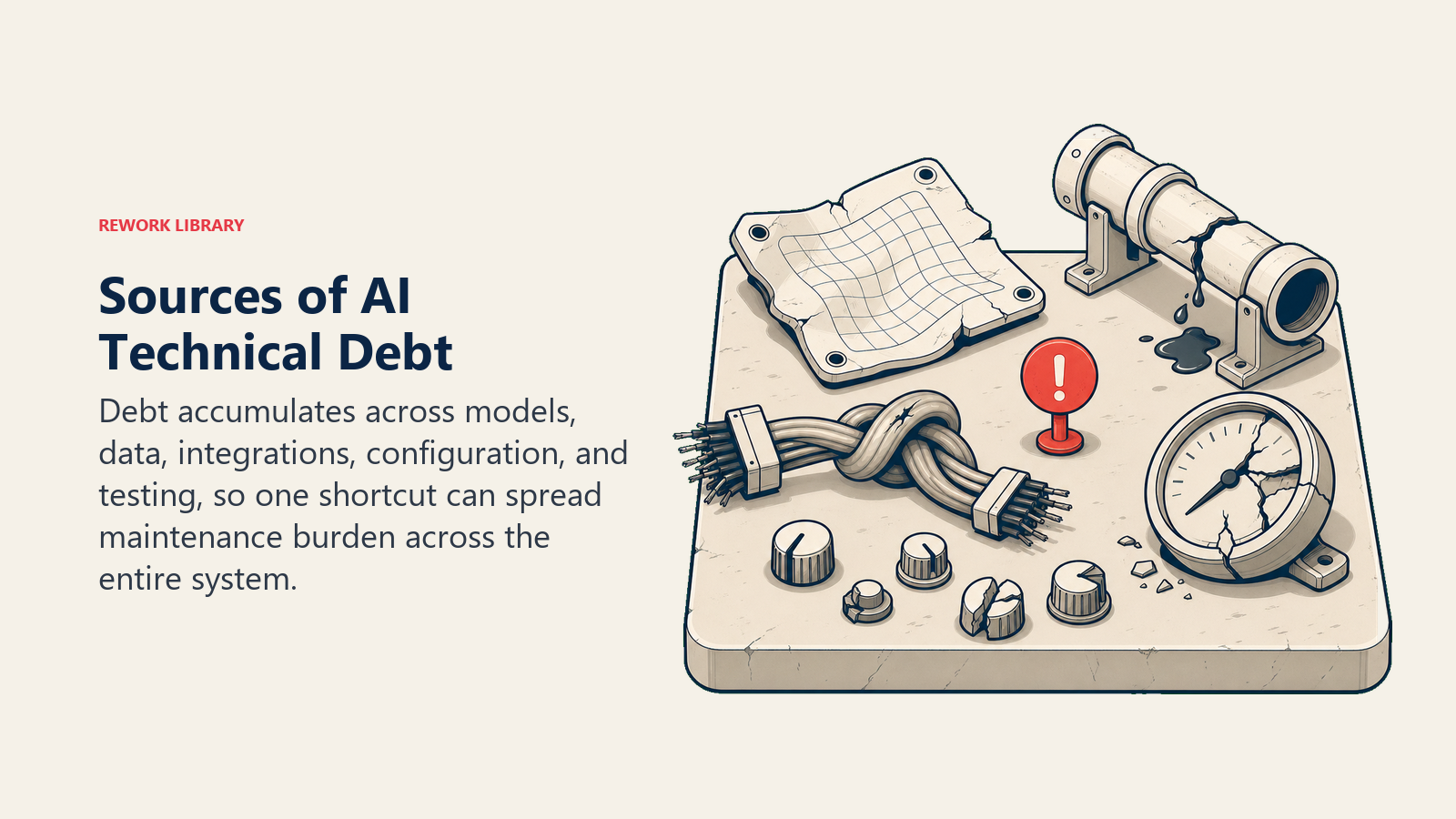Sources of AI Technical Debt illustrated with five damaged engineering artifacts feeding one repair bin
