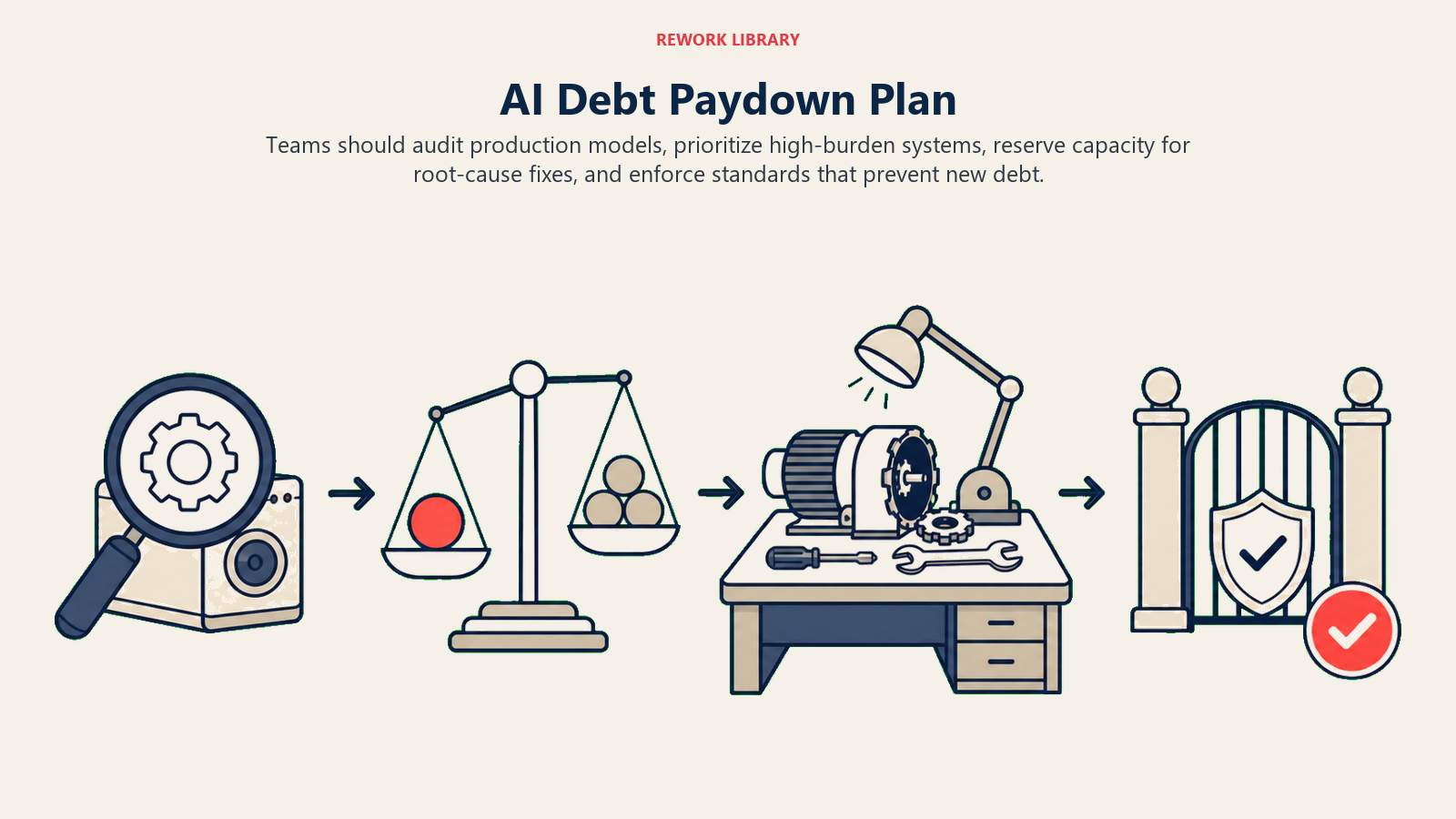 AI Debt Paydown Plan illustrated with repair route from audit inspection through prioritization and root-cause rebuild to prevention gate