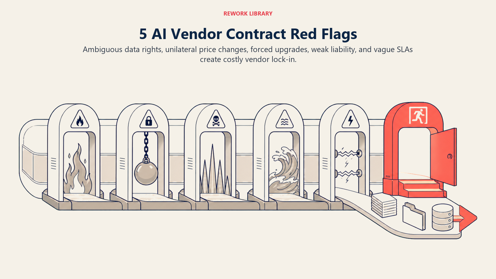 5 AI Vendor Contract Red Flags shown as a wide contract corridor contains five distinct hazard gates, with one coral emergency exit showing data portability