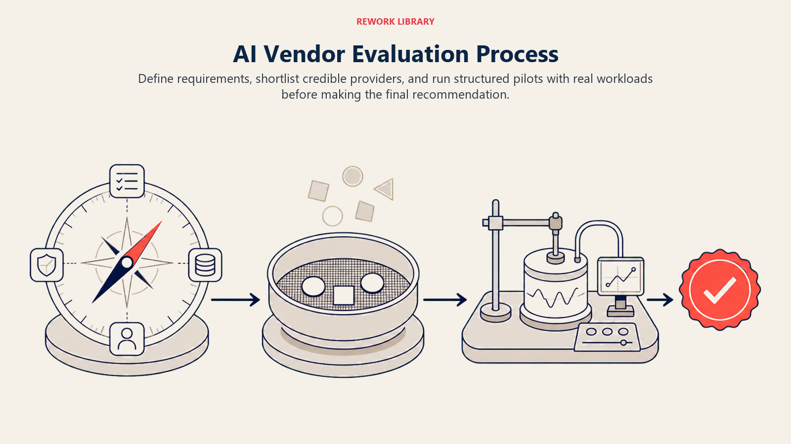 AI Vendor Evaluation Process shown as a wide three-stage route moves from a requirements compass to a shortlist sieve and a live pilot test rig, ending at one coral decision seal