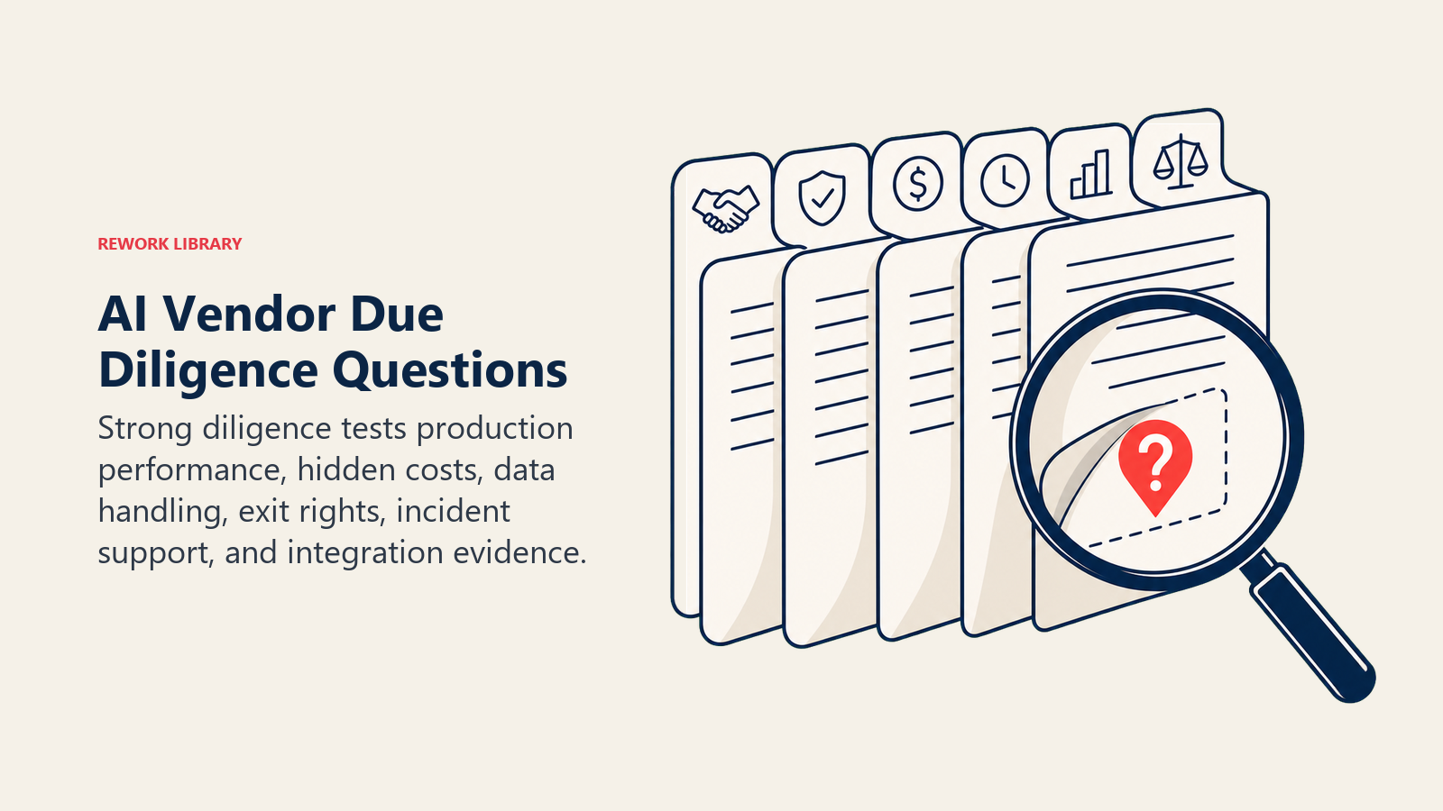 AI Vendor Due Diligence Questions shown as a due-diligence magnifier moves across six contract tabs while one coral question pin exposes a buried clause