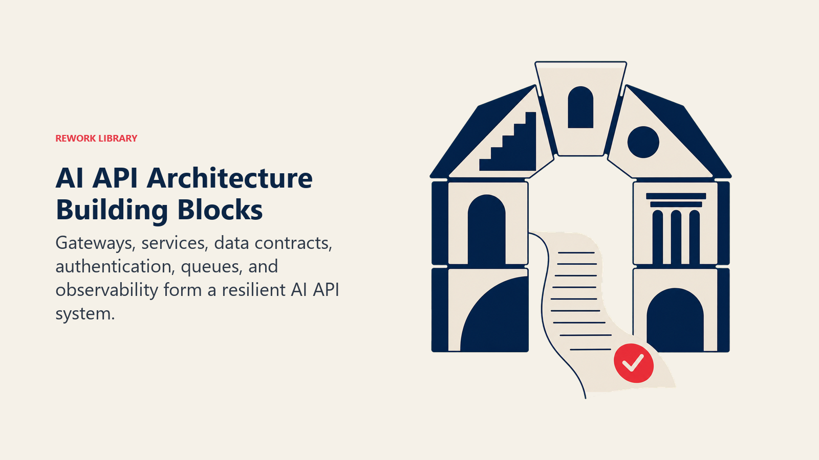 AI API Architecture Building Blocks illustrated with six interlocking but distinct architectural blocks forming a stable arch around a flowing request