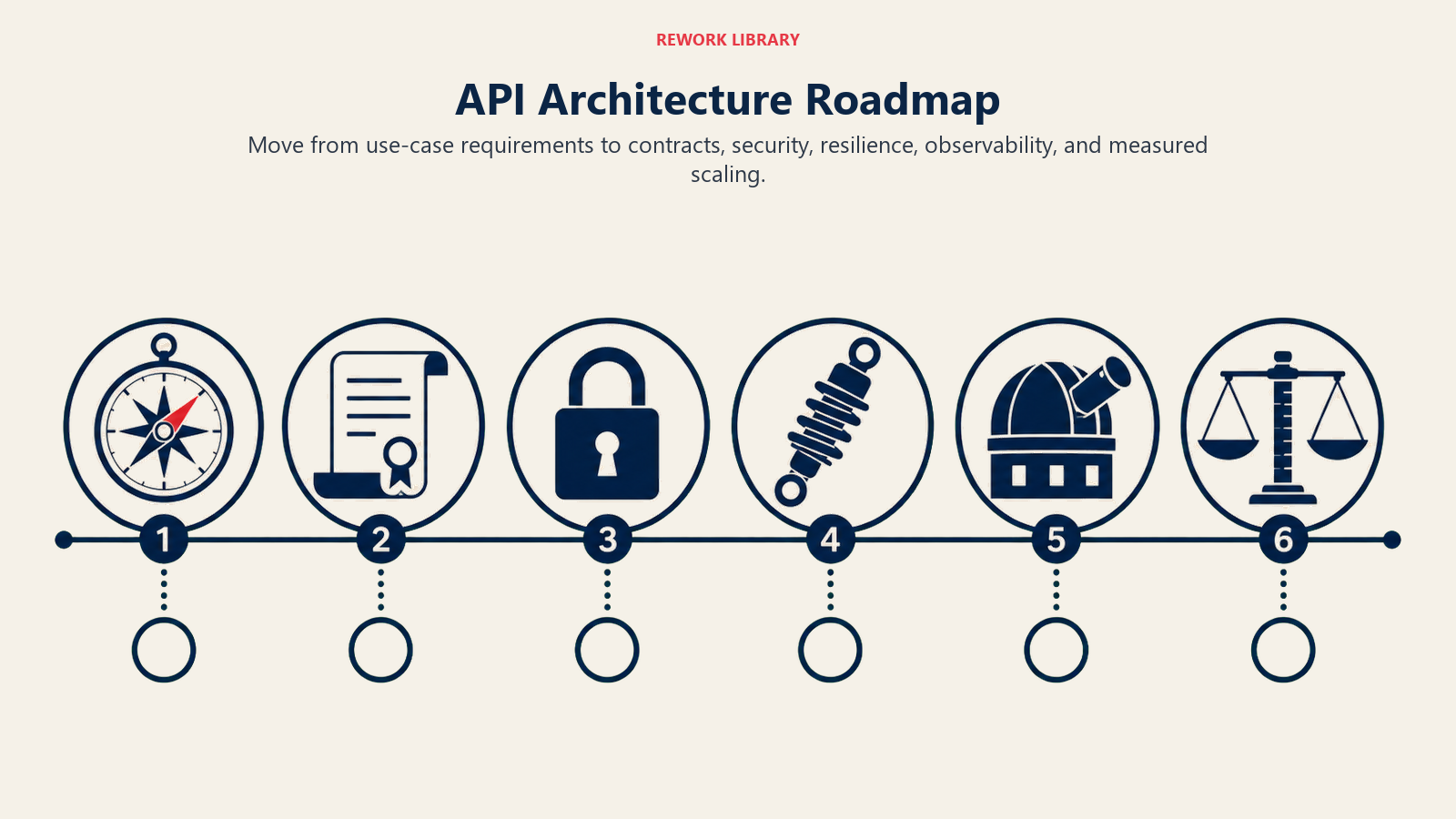API Architecture Roadmap illustrated with a wide six-milestone roadmap from requirements compass through contract scroll, lock, shock absorber, observatory lens, and scale marker