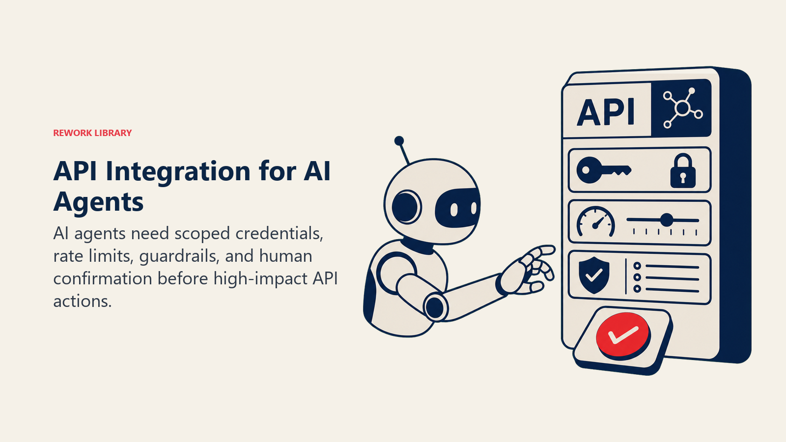 API Integration for AI Agents illustrated with an autonomous agent hand approaching an API control console protected by a permission key, speed governor, guardrail, and coral approval button