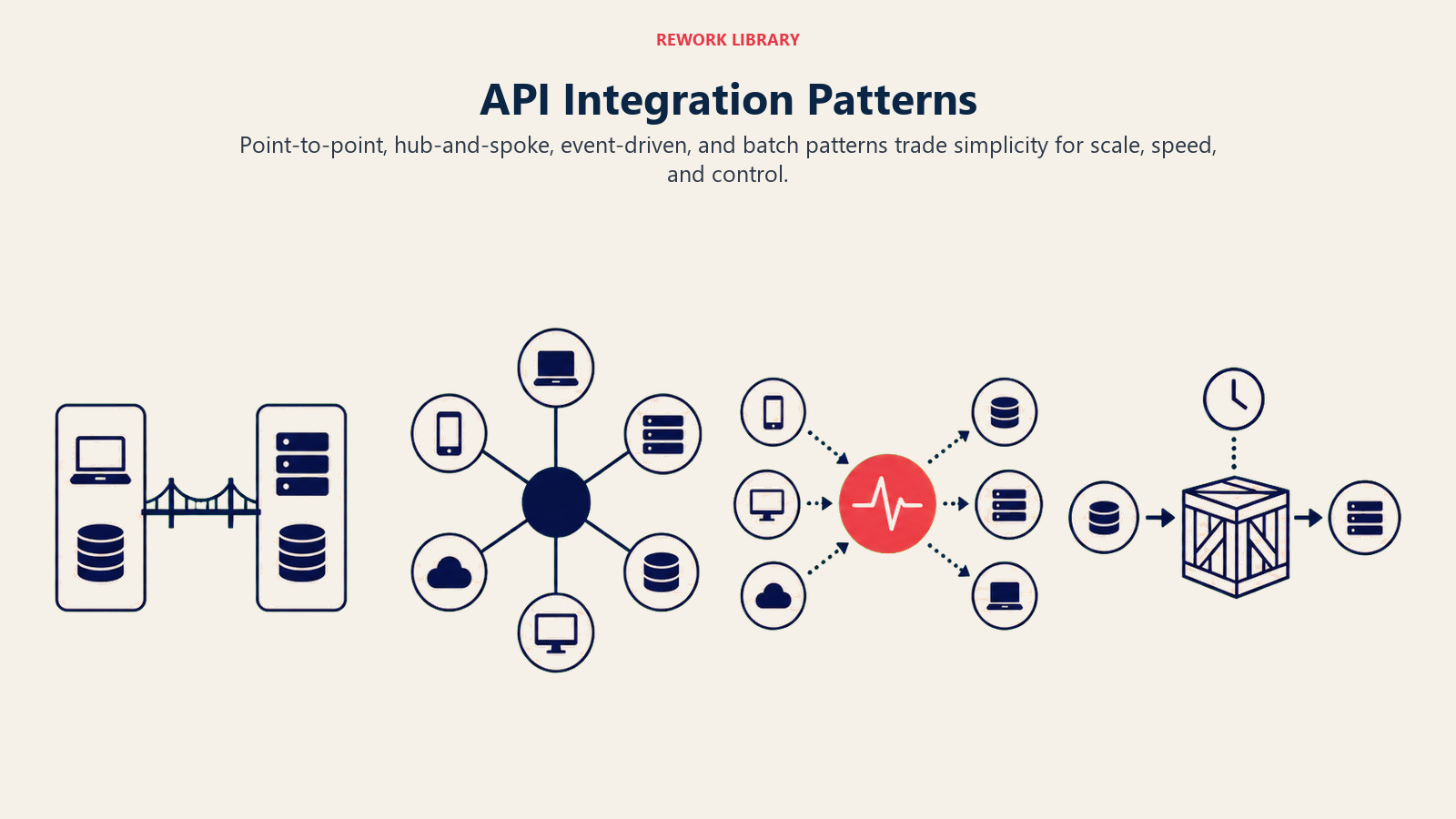 API Integration Patterns illustrated with a wide landscape showing four clearly separated connection topologies from direct bridge to central hub, event pulse, and scheduled batch crate