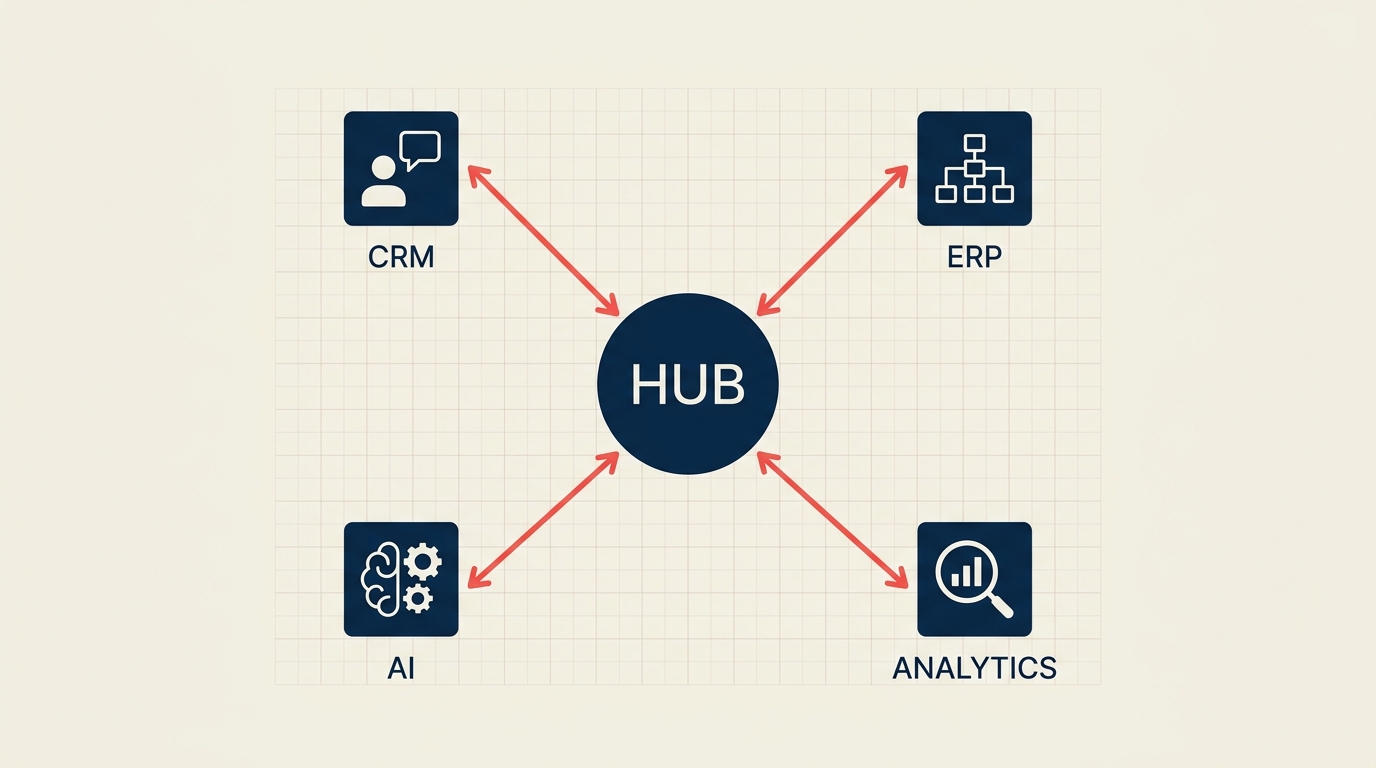 API integration diagram showing business systems connected through API layer with data flowing between CRM, ERP, and AI tools