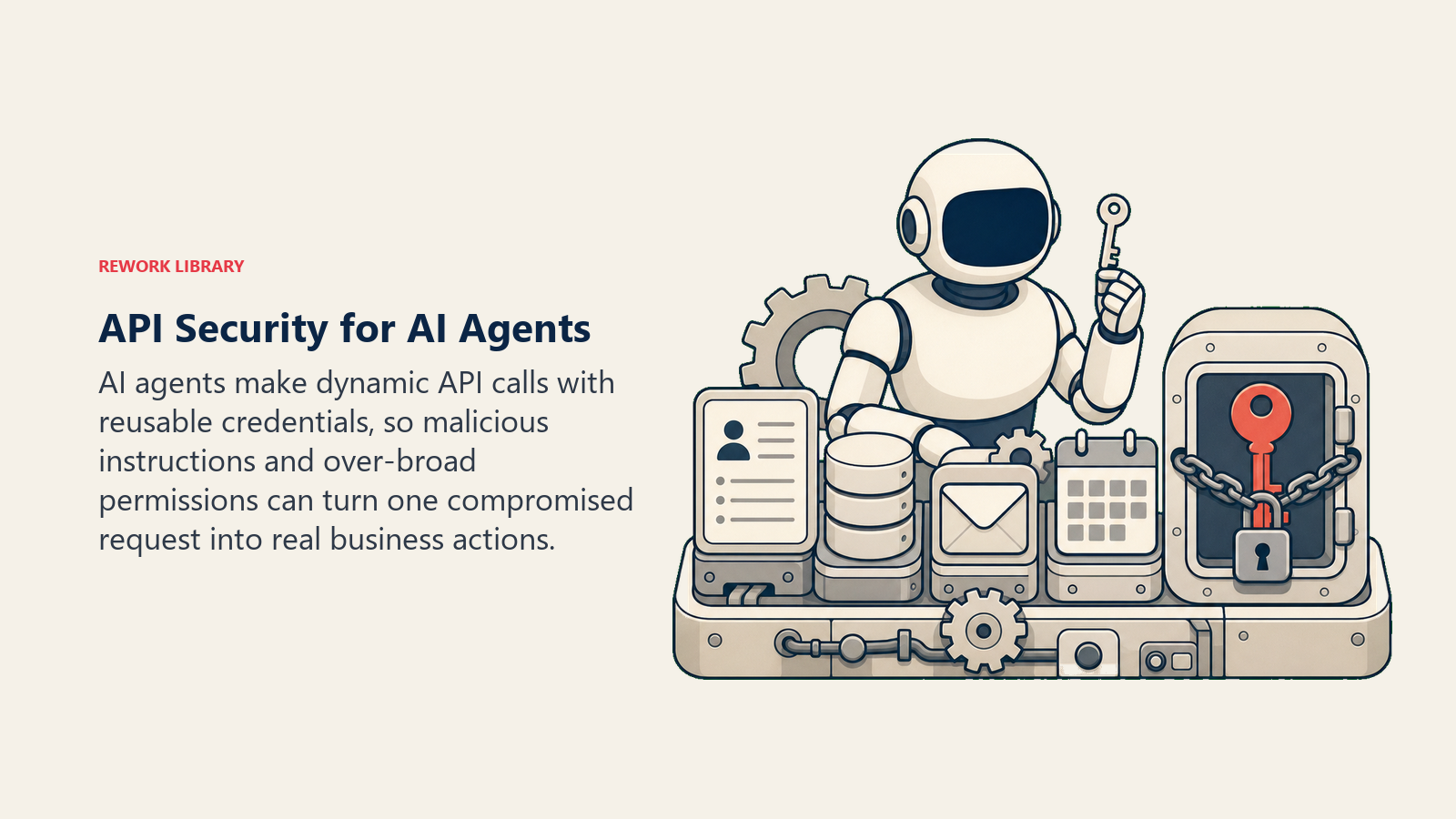 API Security for AI Agents illustrated with faceless autonomous operator capsule reaching for several business-system controls with one scoped key