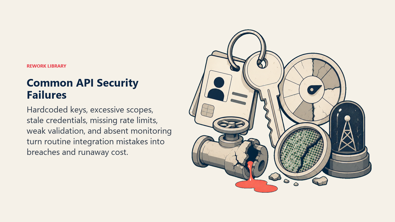 Common API Security Failures illustrated with leaking keyring and damaged API maintenance kit