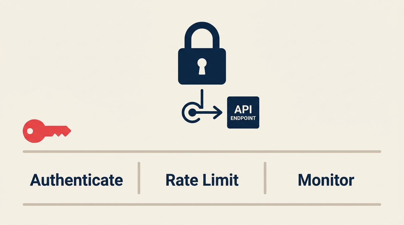 API security architecture showing authentication, authorization, rate limiting, and monitoring layers