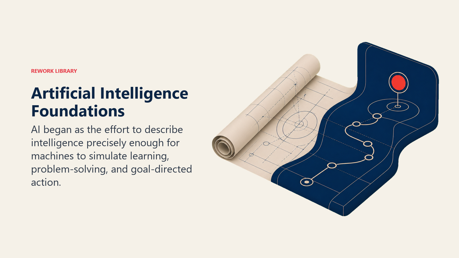 Artificial Intelligence Foundations shown as 1950s research blueprint evolving into adaptive model