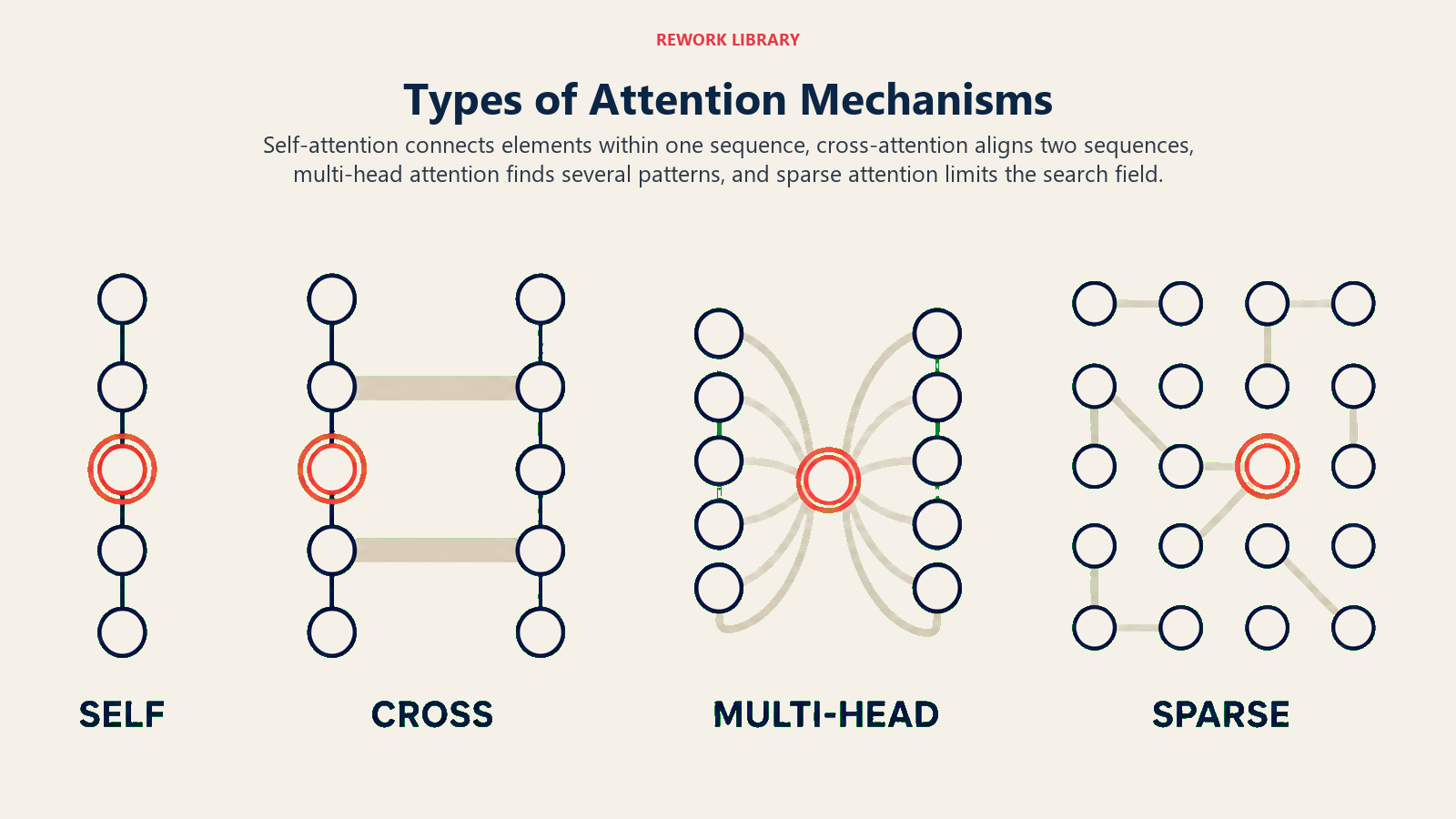 Types of Attention Mechanisms illustrated with four wide attention relationship patterns