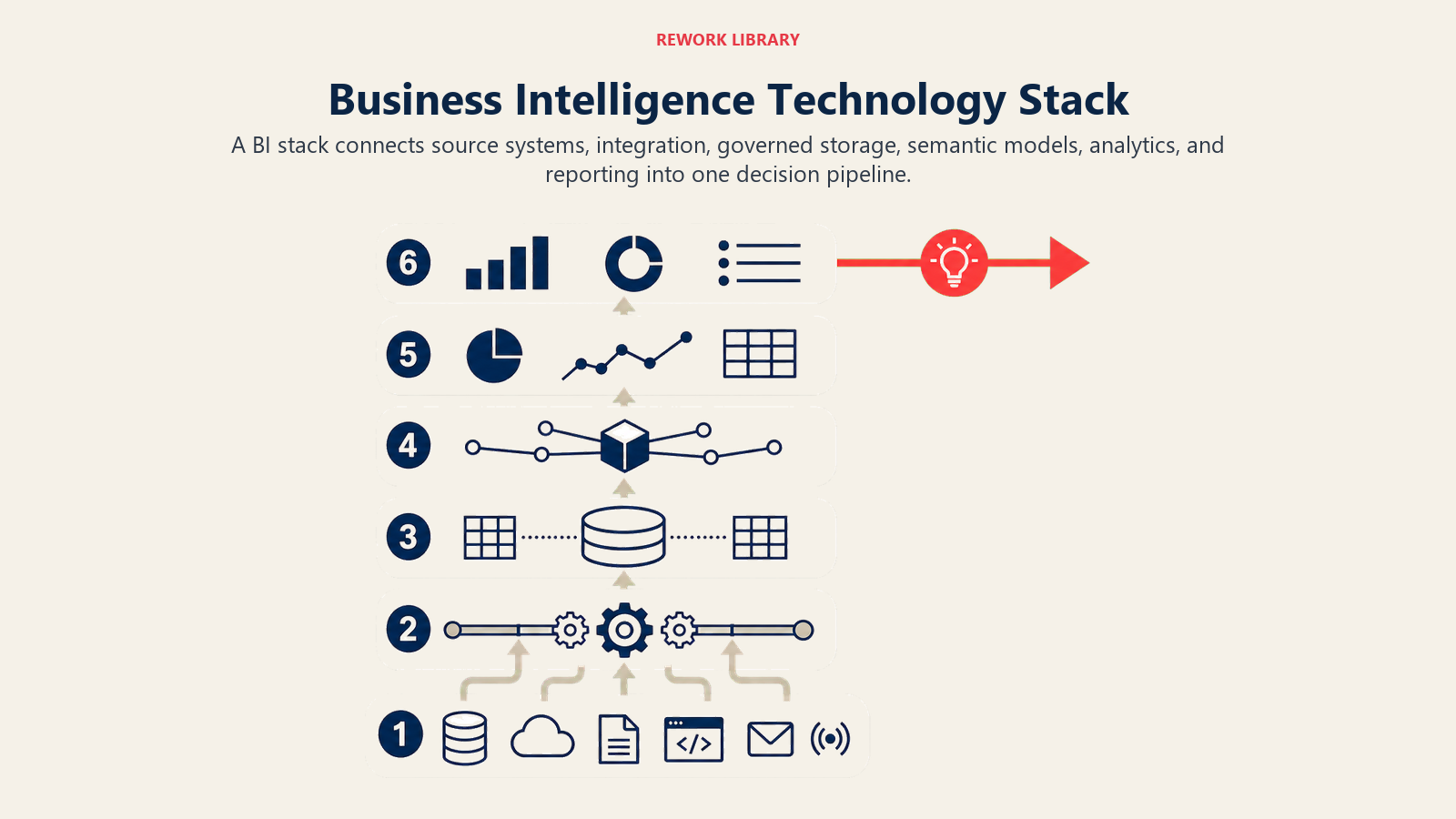 Business Intelligence Technology Stack shown as six-layer BI stack