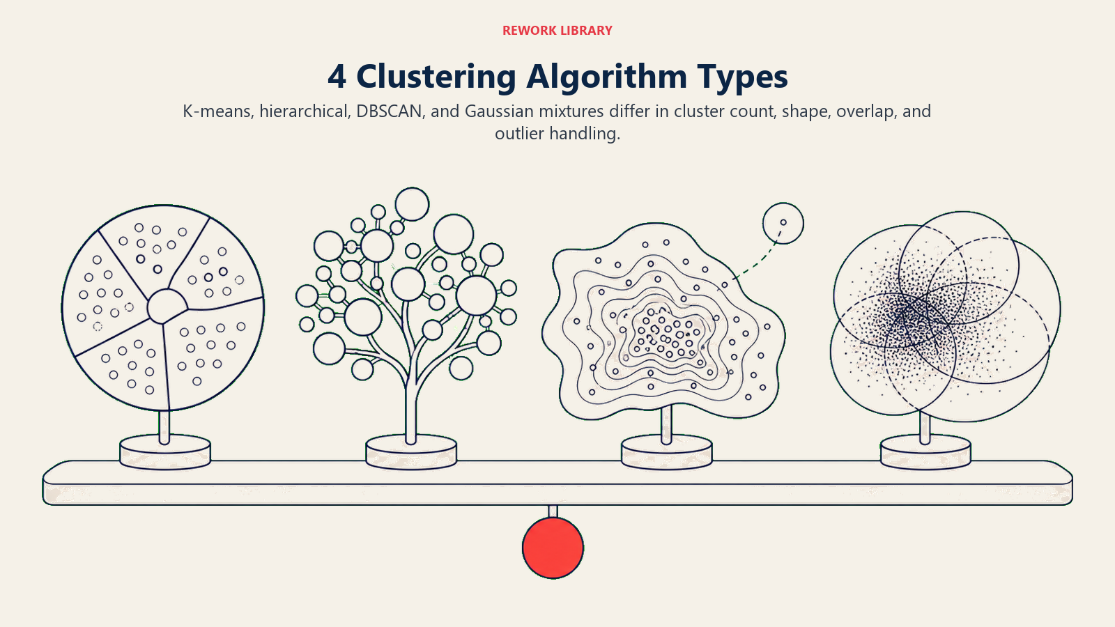4 Clustering Algorithm Types illustrated by four large sculptural models line a wide shelf: partitioned circles, branching cluster tree, irregular density island with outlier, and overlapping probability clouds, one coral selector beneath.
