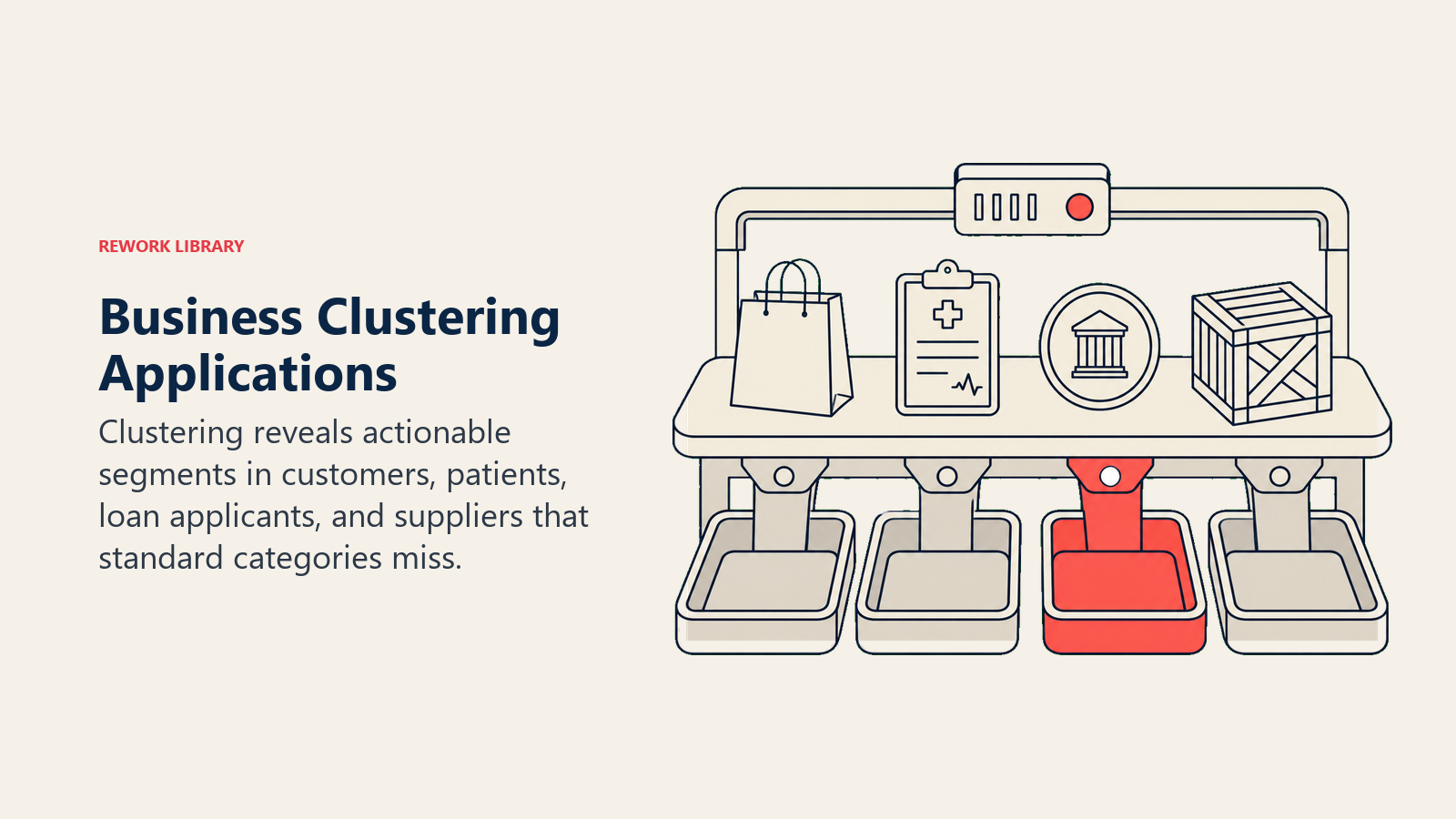 Business Clustering Applications illustrated by a segmentation workbench sorts four business artifacts, shopping bag, patient chart, loan token, and supplier crate, into distinct trays with one coral high-value group.