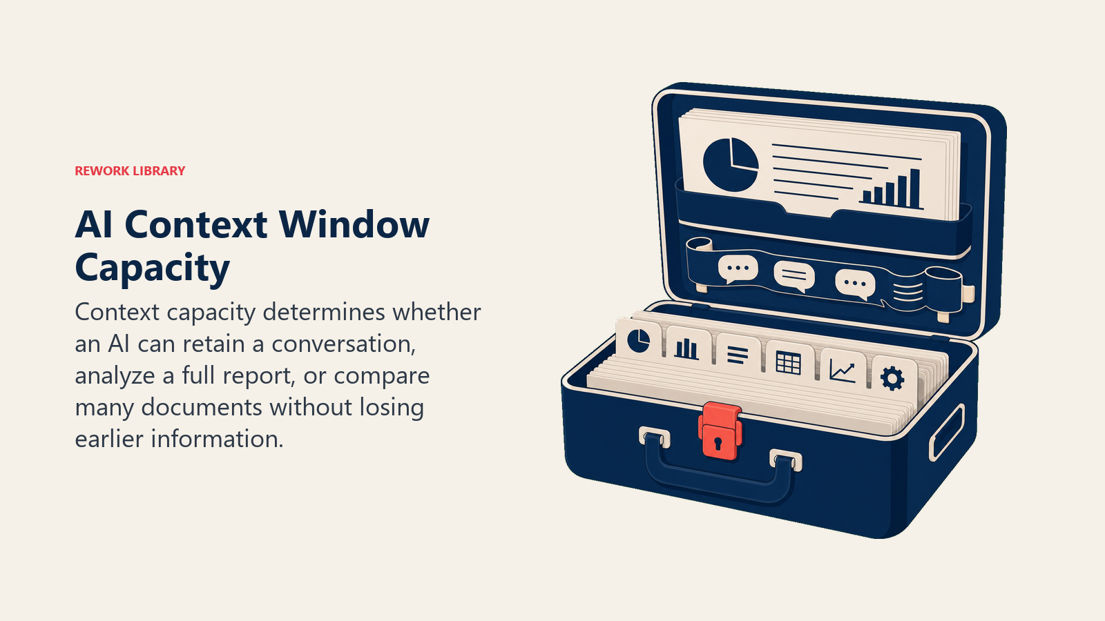 AI Context Window Capacity illustrated by a memory suitcase sized to hold an entire report stack, conversation ribbon, and multiple document tabs with one coral capacity latch