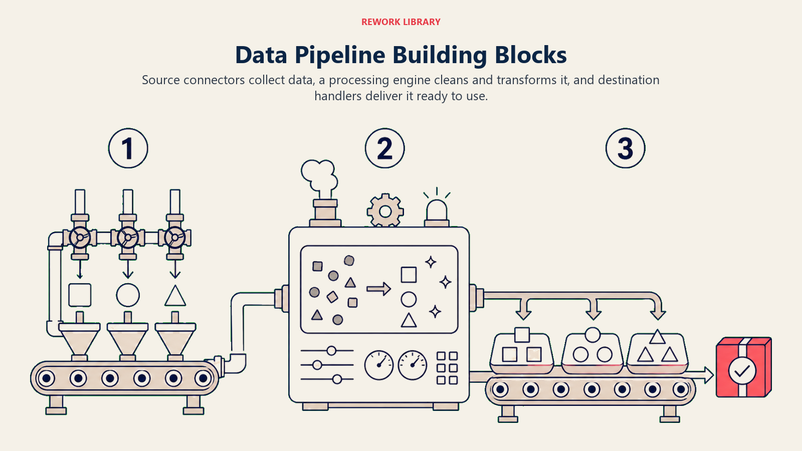 Data Pipeline Building Blocks illustrated by a wide three-stage assembly line with large numbers 1 through 3: intake valves, cleaning and transformation engine, then destination trays, ending at one coral ready-data package.