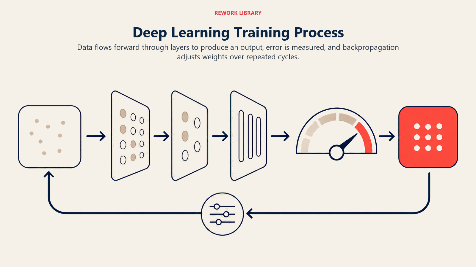 Deep Learning Training Process shown as a wide loop shows forward signal flow across layered gates, an error gauge, and a return adjustment path ending at one coral improved output