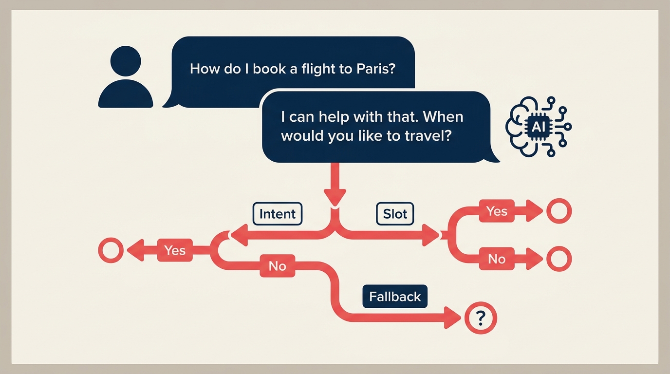 Dialogue design flowchart showing conversation branches, intent handling, fallback paths, and escalation to human agent