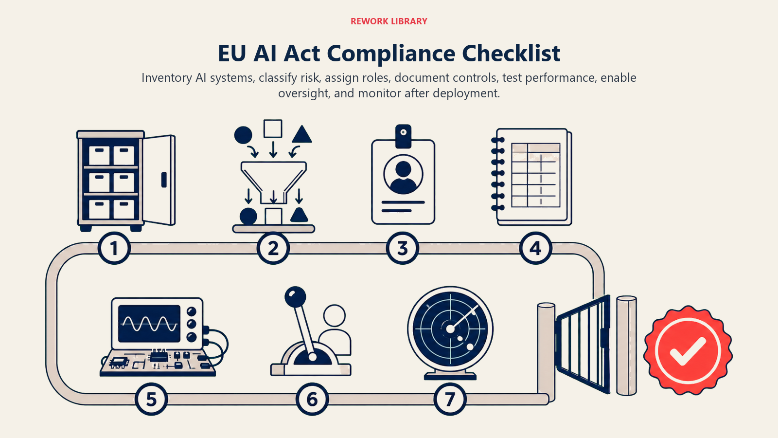 EU AI Act Compliance Checklist shown as seven-checkpoint compliance route