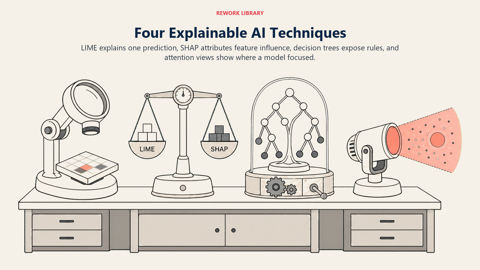 Four Explainable AI Techniques illustrated with four explanation instruments