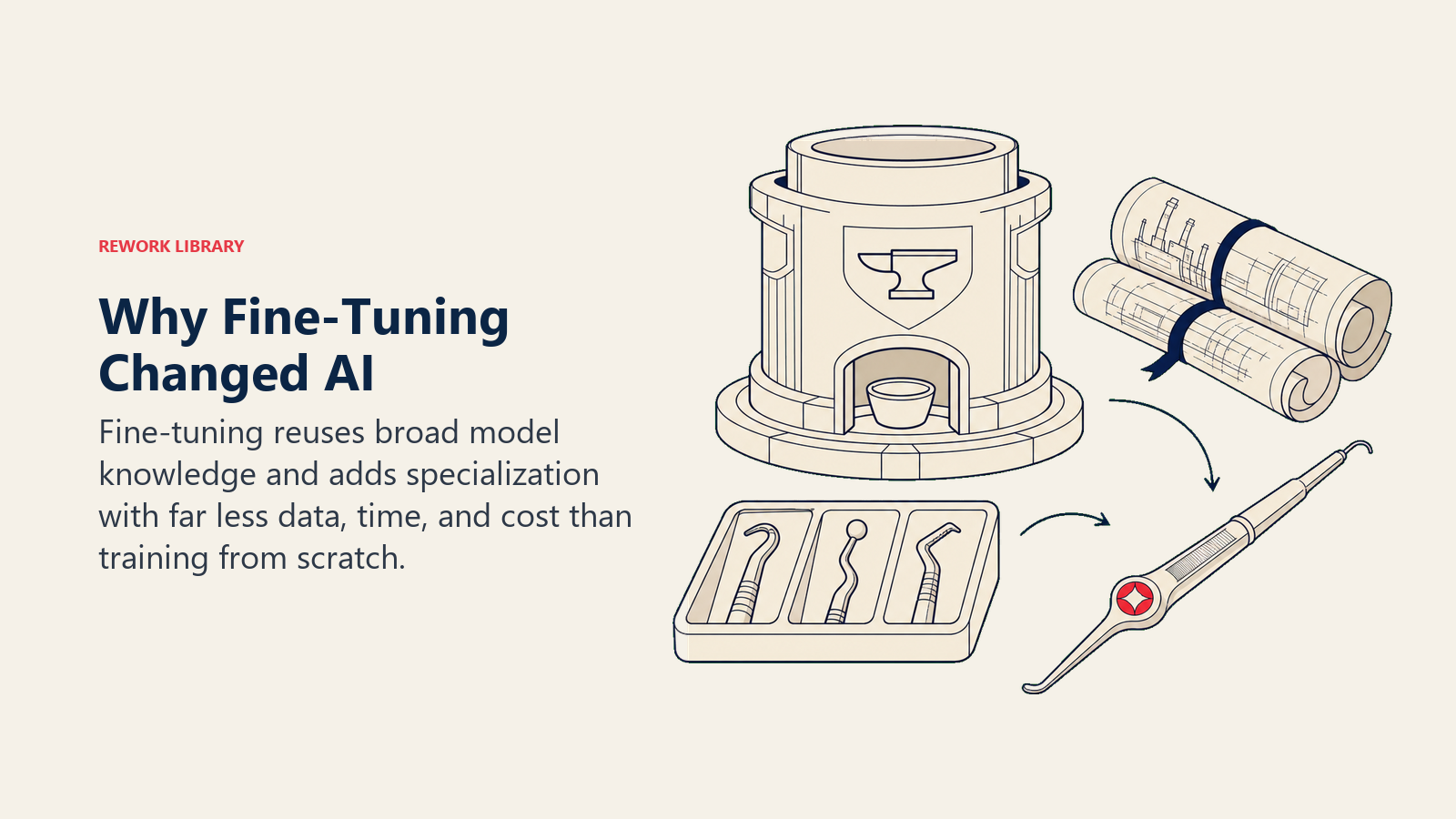 Why Fine-Tuning Changed AI illustrated by a compact training foundry preserves a large foundation core while a small tray of curated examples shapes one coral specialist instrument, with discarded full-scale factory plans rolled aside.