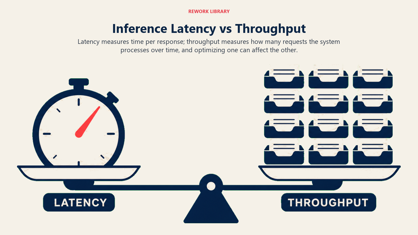 Inference Latency vs Throughput illustrated by a wide balance between one fast response clock and many parallel request trays, sparse labels LATENCY and THROUGHPUT