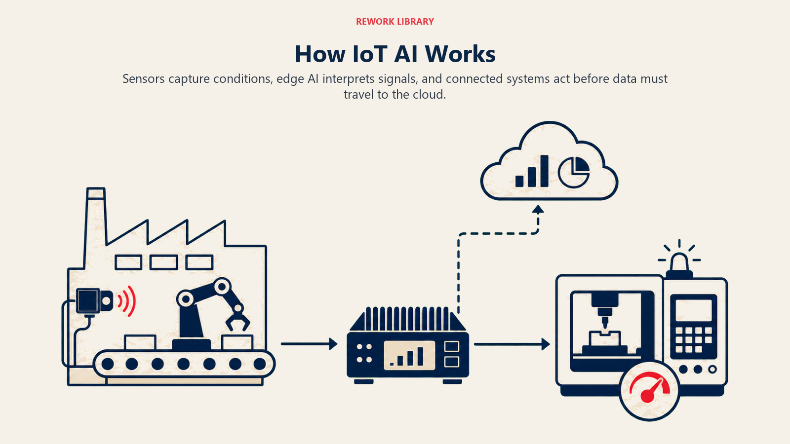 How IoT AI Works illustrated with a wide real-time route from factory sensor through edge processor to immediate machine adjustment, with a distant cloud shown as secondary