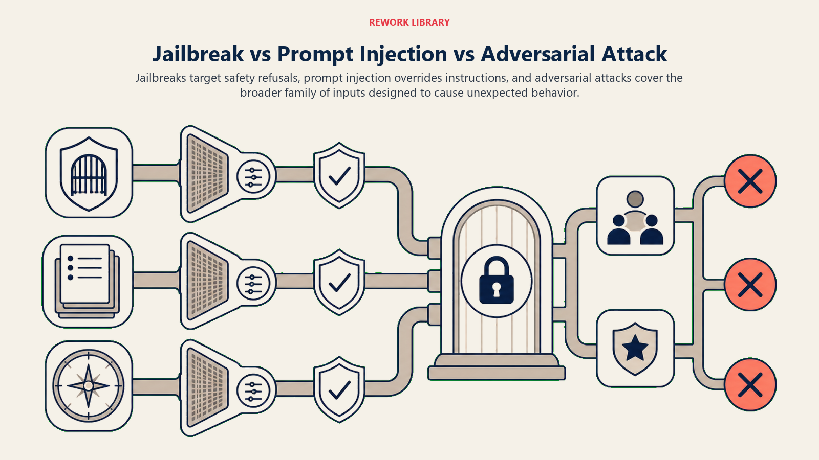 Jailbreak vs Prompt Injection vs Adversarial Attack illustrated with three wide attack lanes aimed at safety, instructions, and model behavior