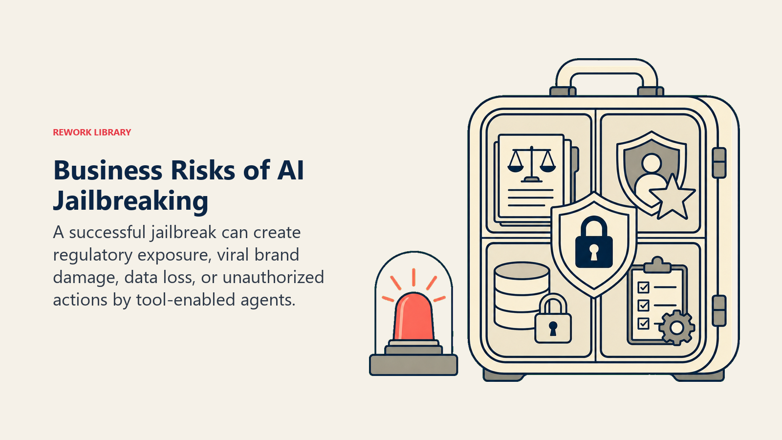 Business Risks of AI Jailbreaking illustrated with four-compartment risk case with legal, reputation, data, and action hazards