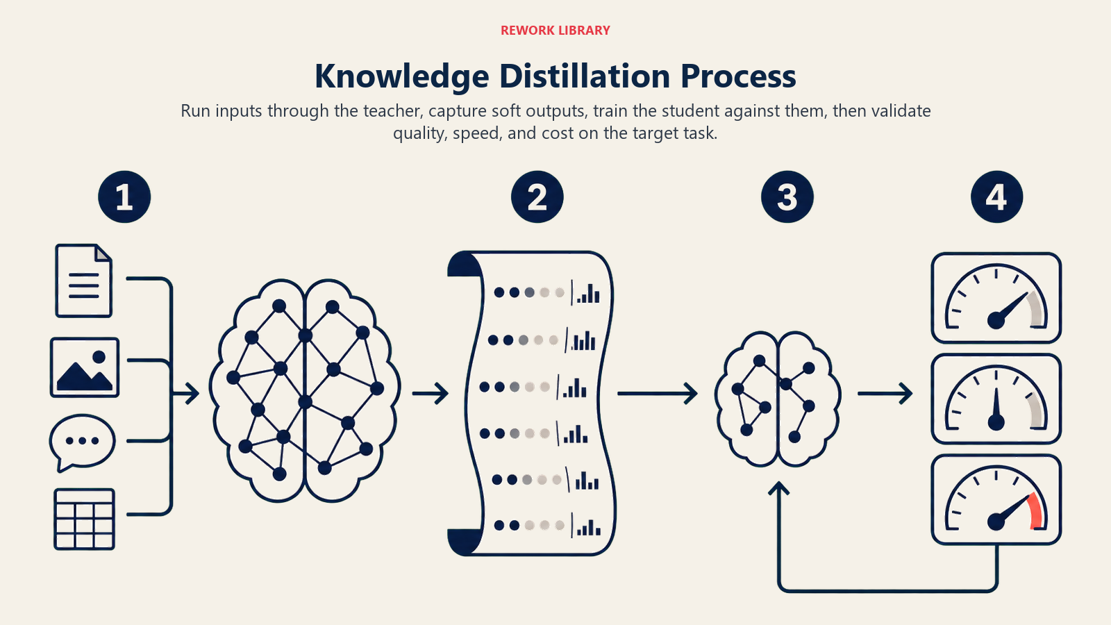 Knowledge Distillation Process shown as four-stage teacher-student training loop