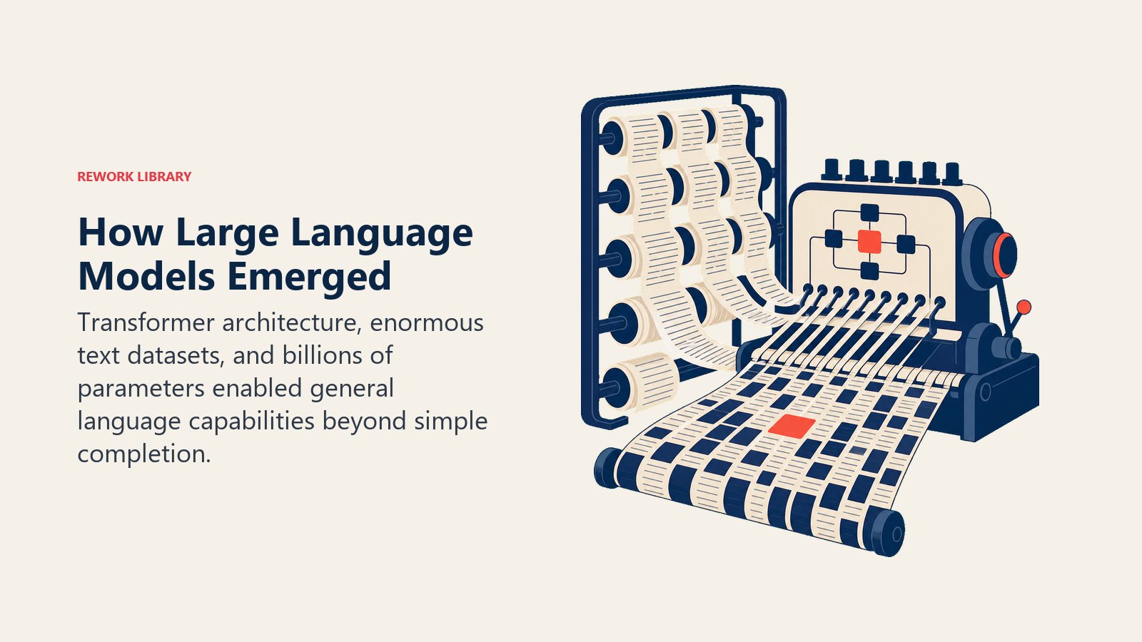 How Large Language Models Emerged illustrated by a transformer-like language loom weaving a large archive of text ribbons into one adaptable model fabric