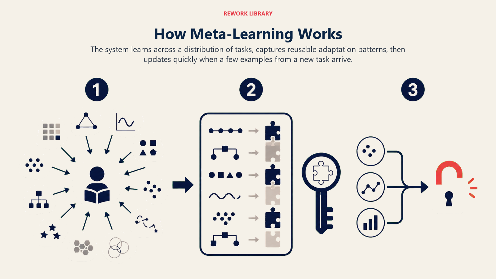 How Meta-Learning Works shown as many-task training to rapid new-task adaptation
