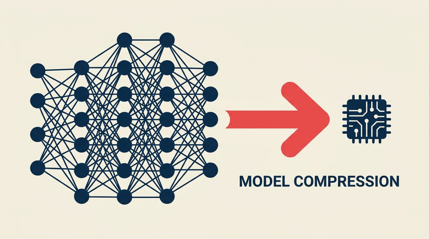 Model compression techniques showing how large AI models are reduced to smaller deployable versions