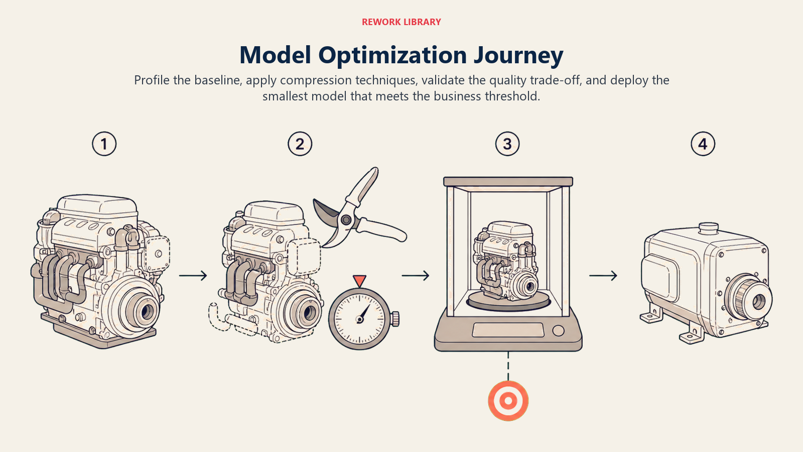 Model Optimization Journey illustrated with four-stage optimization workshop