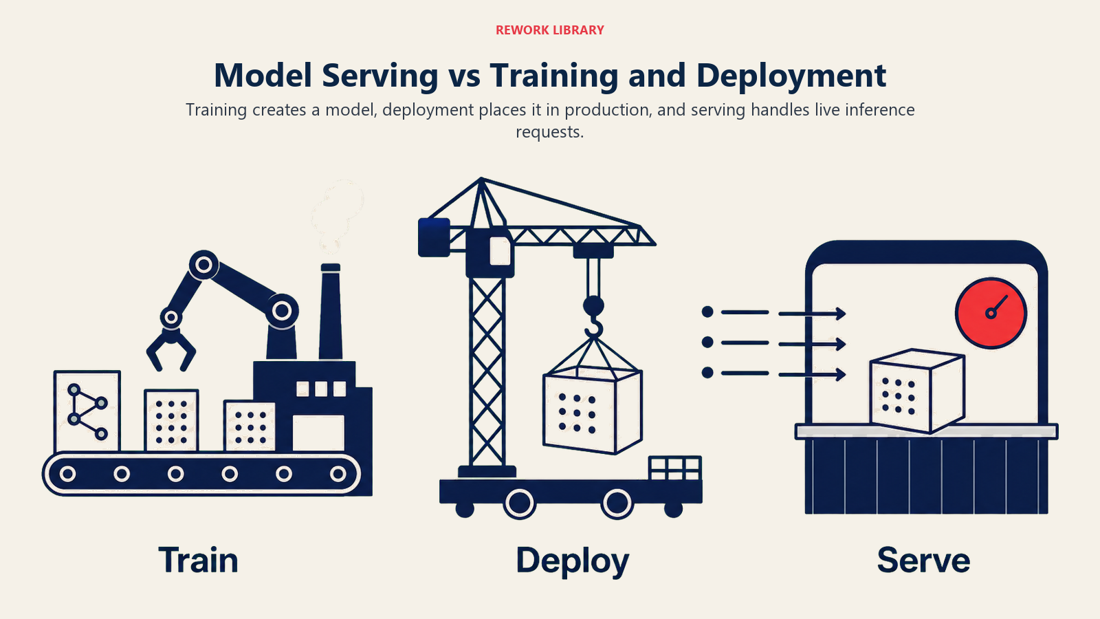 Model Serving vs Training and Deployment illustrated with a wide three-station comparison with sparse labels Train, Deploy, Serve and distinct factory, placement crane, and request counter metaphors