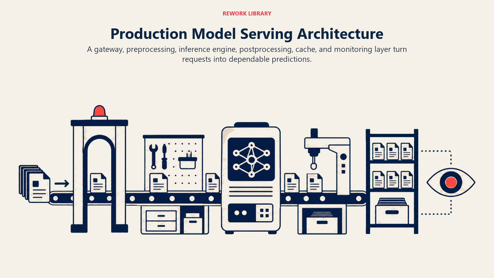 Production Model Serving Architecture illustrated with a wide end-to-end request conveyor passing gateway gate, preparation bench, inference engine, finishing station, cache shelf, and monitoring eye