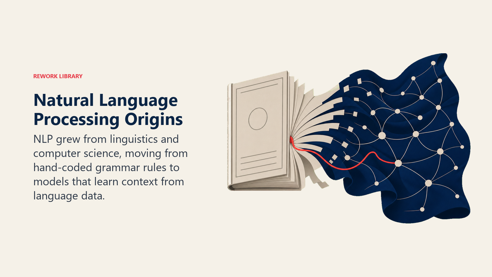 Natural Language Processing Origins shown as rulebook unfolding into adaptive language fabric