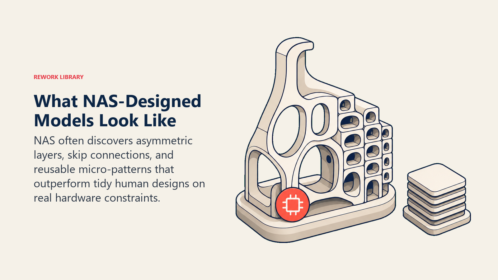 What NAS-Designed Models Look Like illustrated with unusual asymmetric neural architecture sculpture beside a conventional stack
