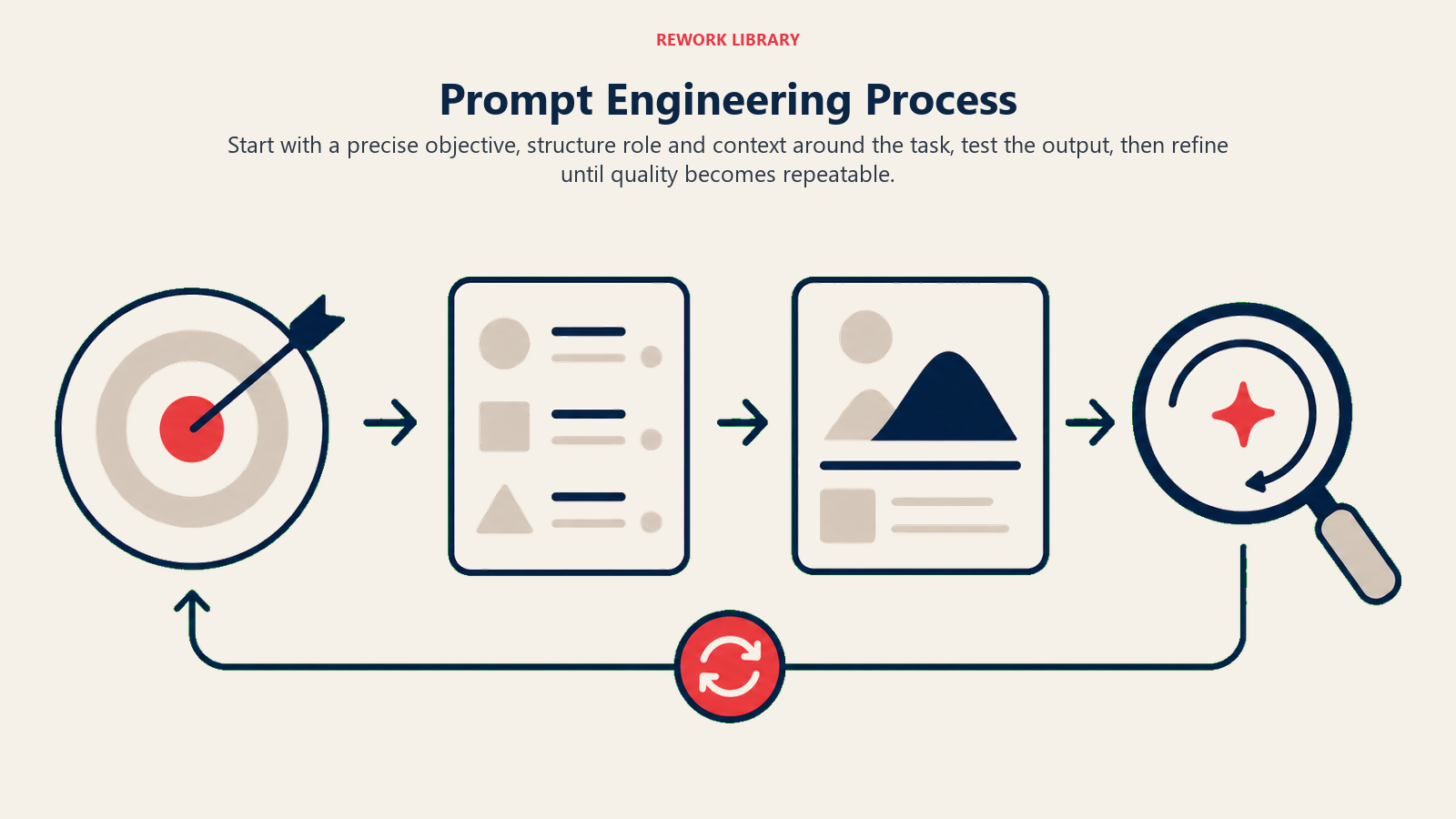 Prompt Engineering Process illustrated with wide iterative loop from objective through structured instruction to tested output and refinement