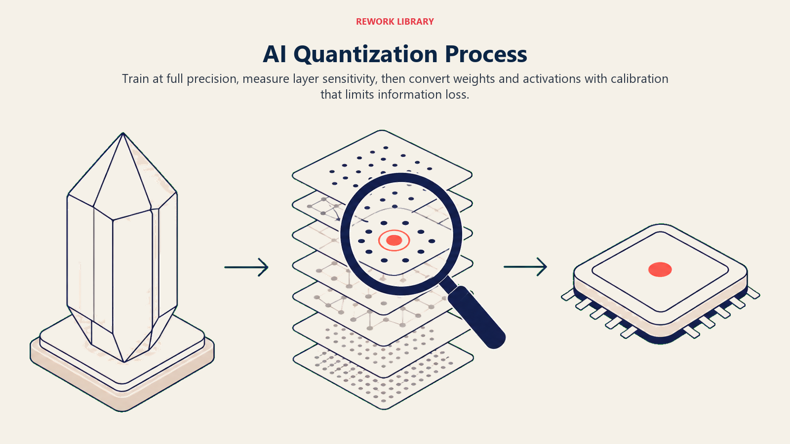 AI Quantization Process illustrated with wide three-stage precision reduction process