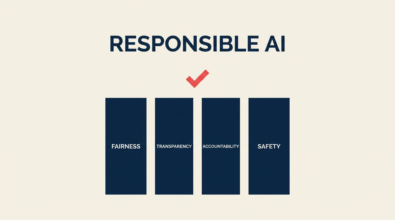 Responsible AI framework showing the pillars of fairness, transparency, accountability, and safety