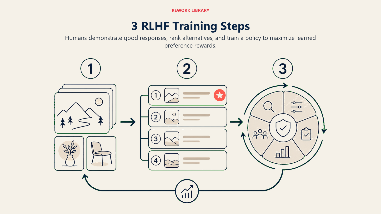 3 RLHF Training Steps illustrated by a wide three-stage feedback loop with large numbers 1 through 3: demonstration cards, ranked response lanes, and a policy wheel returning improved output to the start, with one coral reward marker.