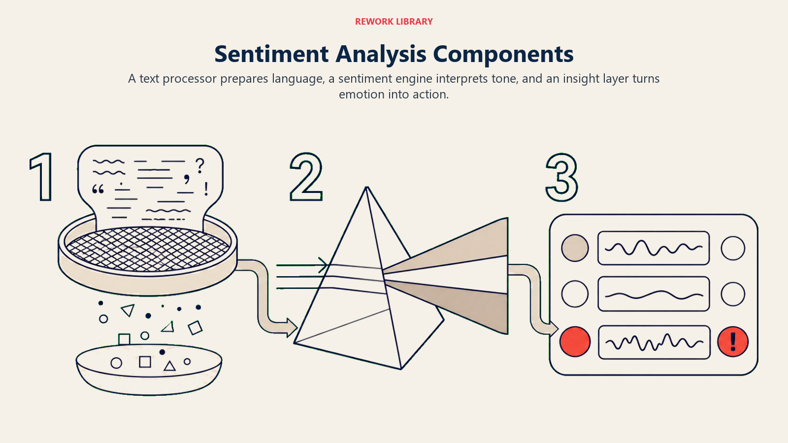 Sentiment Analysis Components illustrated by a wide three-stage language instrument with large numbers 1 through 3: text preparation sieve, emotional interpretation prism, and decision signal panel with one coral alert.