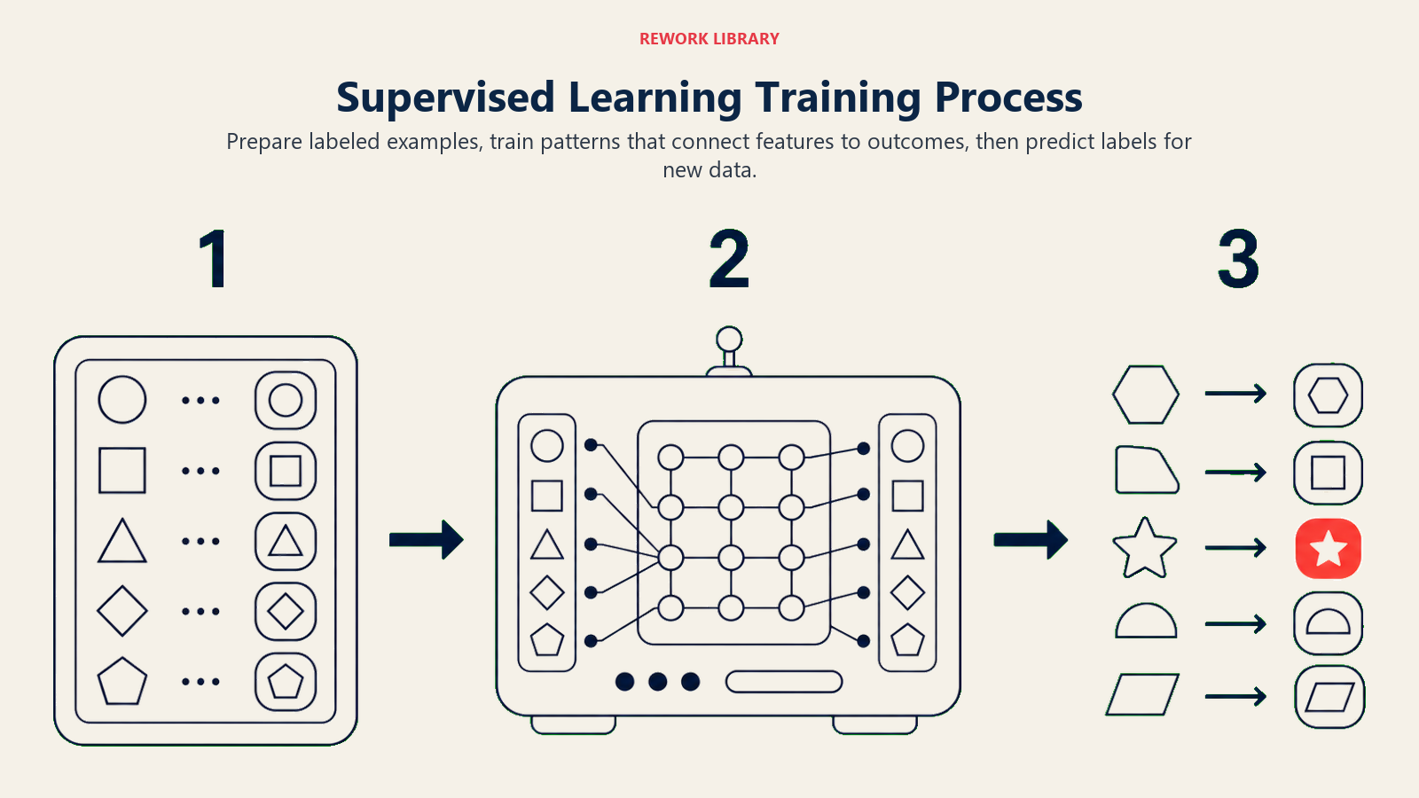 Supervised Learning Training Process illustrated by a wide three-stage teaching route with large numbers 1 through 3: labeled history, pattern-learning engine, and new unlabeled cases receiving predicted outcomes, with one coral prediction token.