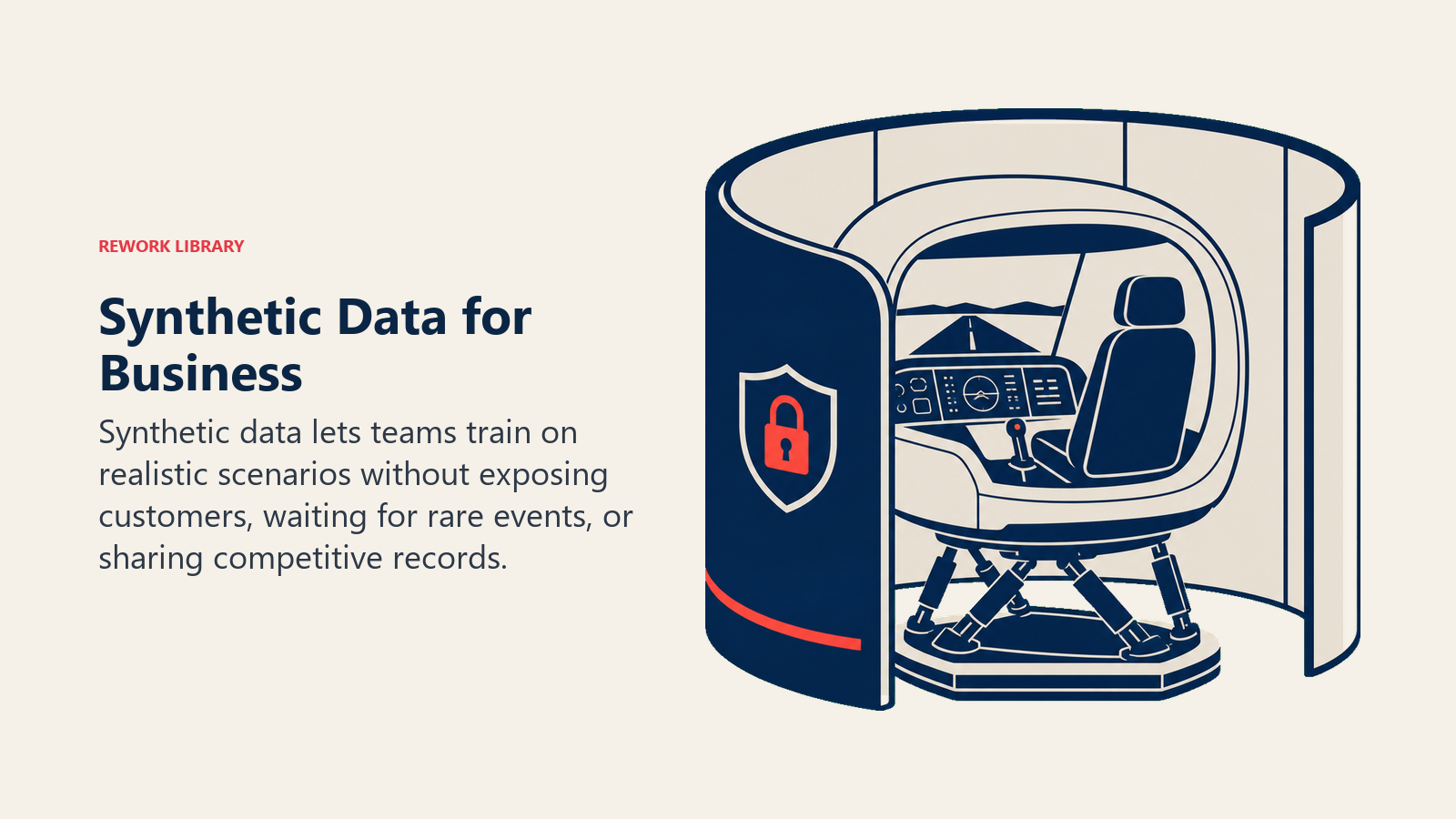 Synthetic Data for Business illustrated by a flight-simulator style training chamber producing safe realistic scenarios behind a privacy shield