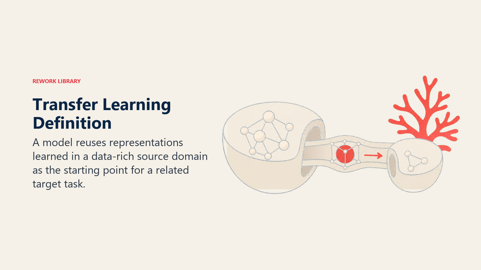Transfer Learning Definition shown as two domain vessels are linked by a reusable feature bridge, carrying a compact knowledge core into a smaller coral target model