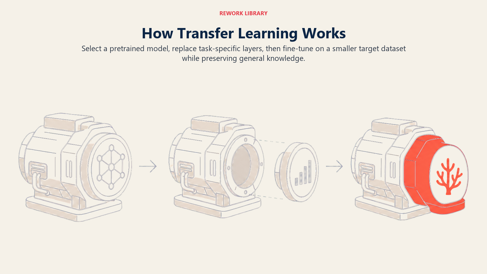 How Transfer Learning Works shown as a wide three-stage adaptation route moves from a large pretrained engine to a swapped output head and then a coral fine-tuned specialist