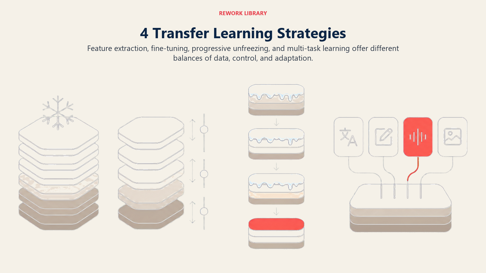 4 Transfer Learning Strategies shown as a wide four-strategy gallery shows frozen layers, adjustable layers, a gradual thaw sequence, and a shared multi-task base with one coral active layer
